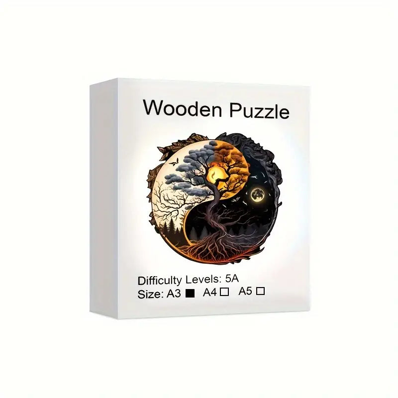 Round Wooden Puzzles - Tree Of Life, Yin Yang Sun and Moon